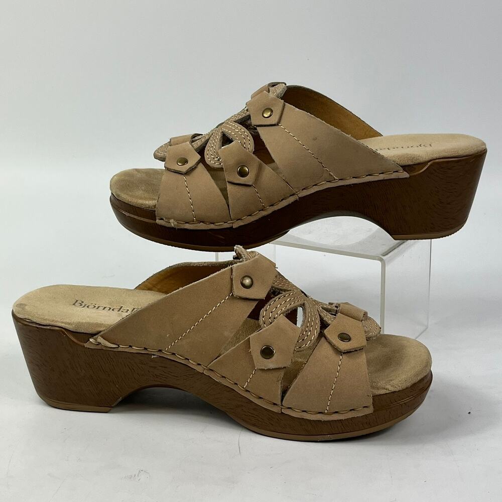 Bjorndal Doughton Womens 7 Wedge Slide Wood Leather Sandal Platform Cutout Mule